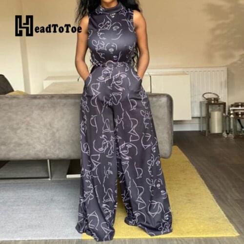 Chic Printed Sleeveless Mock Neck Wide Leg Rompers Women Jumpsuit Casual One Piece Outfits