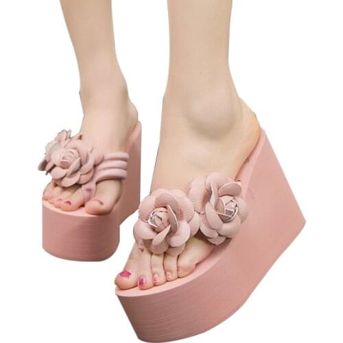 Summer Women Flip Flops Bohemia Flowers Flip Flops Women Slippers Beach Non-slip Thick Bottom Super High Simple Shoes 3 Color