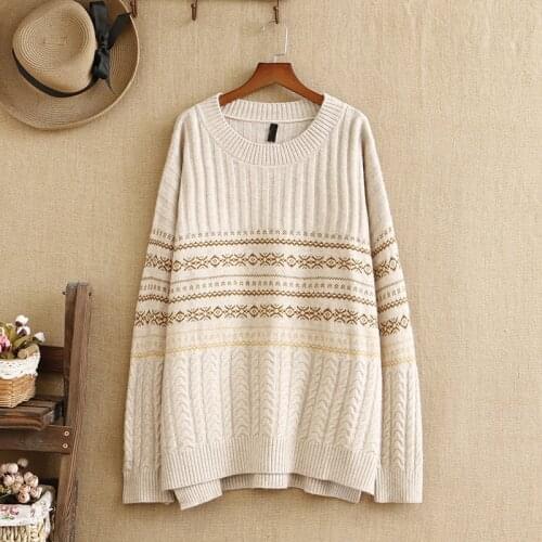 Plus Size Sweater For Women Cable Weaving Knitted Cotton Fabric Round Neck Long Sleeve Large Size For Fatwomen Wear In Winter
