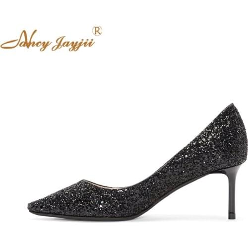 Women pumps Adult Ladies Black shoes Thin High heels Sequined Cloth Pointed Toe Slip-On Spring/Autumn Bling Sexy Party Classic
