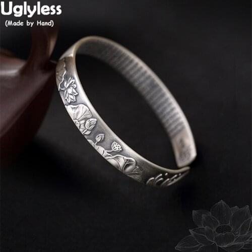 Uglyless HOT Summer Pond Lotus Leaves Bangles for Women Solid 99.9% Silver Open Bangles Thai Silver Waves Bracelets Heart Sutra