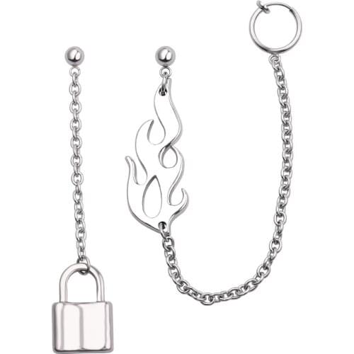 Harajuku Girl Flame and Lock Earrings Women Punk Rock Hip Hop Unisex Dangle Earrings Streetwear Gothic Tumblr Hipster Jewelry
