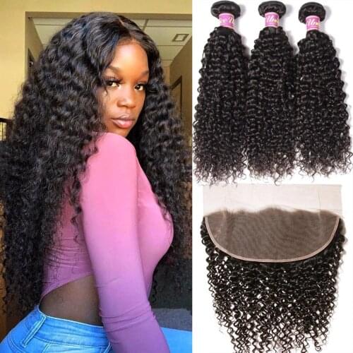 UNice Hair Curly Human Hair With 13x4 Lace Frontal Brazilian Hair Weave Bundles 4/5 PCS Remy Human Hair Extensions