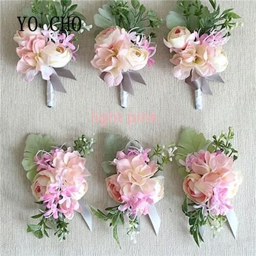 YO CHO Fashion Groom Bride Corsage Wrist Flower Wedding Silk Wrist Flower Corsage Bride Hand Flower Frozen Corsage Bluish Grey