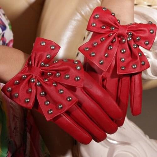 Hot Selling Winter Motorcycle Lady Rivet Butterfly Bow Soft PU Leather Gloves For Women Black Red High Quality Fashion Accessory
