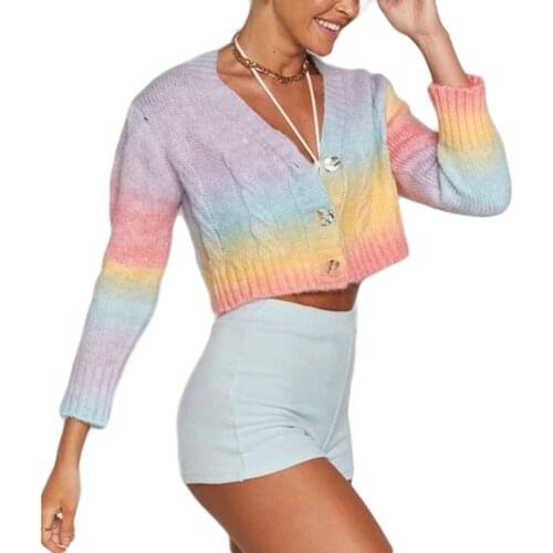 Women’s Casual Long Sleeve Knitted Cardigan Fashion Color-block Single-breasted Exposed Navel Sweater