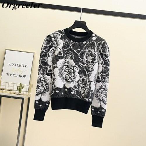 Puff Long Sleeve Cropped Sweater Women Black/Green/Gray Floral Print Pullover Knitted Tops Ladies Jumpers Fall Winter New Fashio