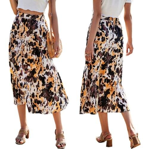 2021 New Women Summer Semi-Dress, Printing Elastic High-Waist Mid-Calf Length Umbrella Skirt for Girls, Tawny