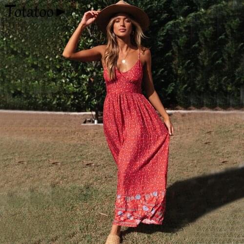 Totatoop Women Sexy V Neck Floral Print Bohemia Long Dress 2021 Summer Off Shoulder Strap Beach Maxi Dress Casual Sundress