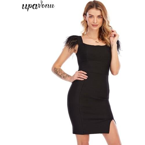 Free Shipping 2021 New Women Feather Bandage Dress Sexy Strap Square Neck Bodycon Dress Club Evening Party Mini Dress Vestidos