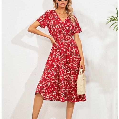 60% Dropshipping!!Dress Floral Print Loose Female Ladies V Neck Summer Dress for Vacation
