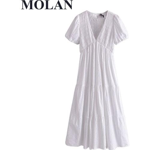 Woman Vintage Elegant Long Dress Fashion V Neck Short Sleeve Folds Solid White Chiffon Summer New Female Chic Retro Top Dress