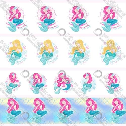 16-75MM Cartoon Mermaid Printed Grosgrain Polyester Ribbon 50 Yards Gift Wrapping Diy Bows Wedding Drections Ribbons