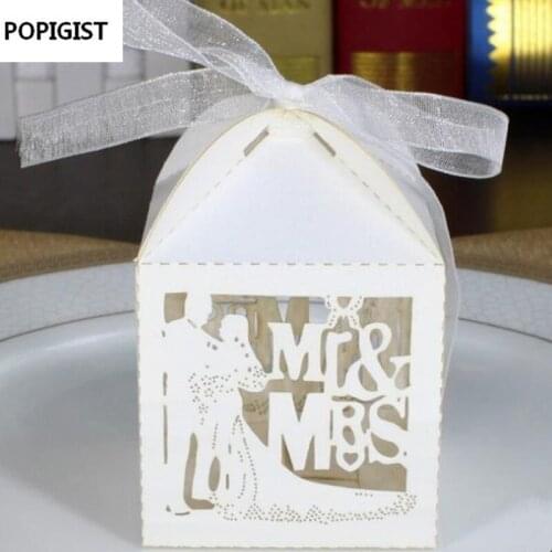 200pcs Laser Cut MR&MRS wedding favor box in pearlescent paper box baby shower,party show candy box(with ribbon)