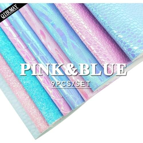 QIBU 9pcs 22*30cm Blue&Pink Faux Leather Fabric Sheets Glitter Mermaid Snake Litchi Pattern for Bows Bag DIY Earring Accessories