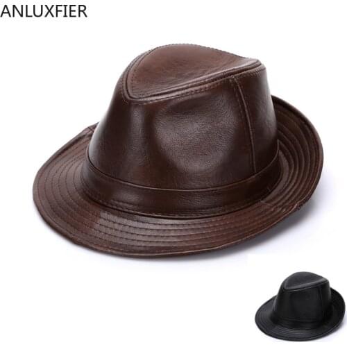 B-7144 Adult 100% Genuine Leather Hat Mens Fedoras Cowhide Hats New Arrival British Gentlemen Fashion Cap New Year Gift