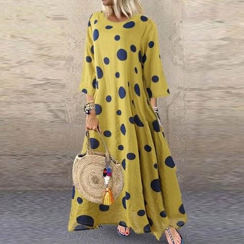 Spring Autumn 3/4 Sleeve Polka Dot Printed Long Dress Vintage Womens Cotton Linen Dresses Female Kaftan Vestido Femme Sundress