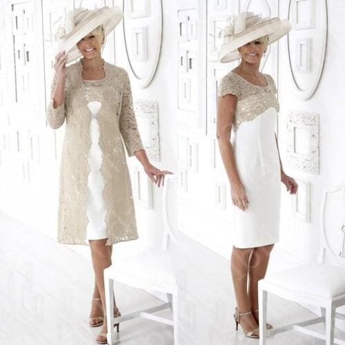 Classic Two Pieces Champagne Mother of the Bride Dresses With Coat Lace Mother Gown Jewel Neck Wedding Party Dresses Knee Length