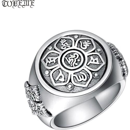 100% 925 Silver Tibetan OM Six Words Proverb Ring Sterling Buddhist Vajra Symbol Ring Pure Silver Tibetan Dorje Symbol Man Ring