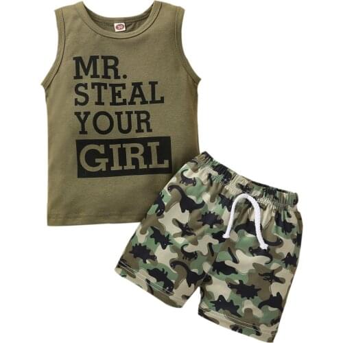 2 Pieces Kids Suit Set Boys Letter Print O-Neck Vest+ Camouflage Print High Waist Shorts Summer Army Green/Black/Gray/Navy Blue