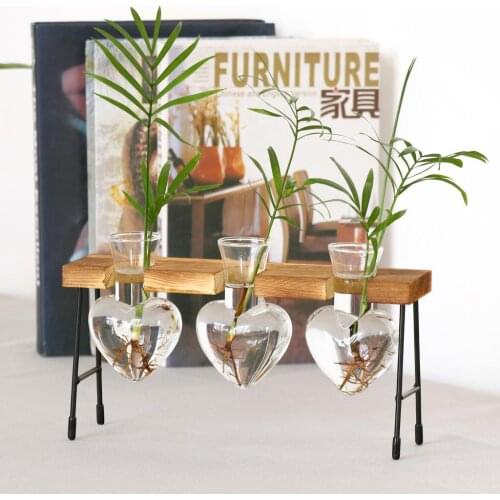 Tabletop Heart Shape Glass Hydroponic 3 Bottle Vase, Flower Pot With