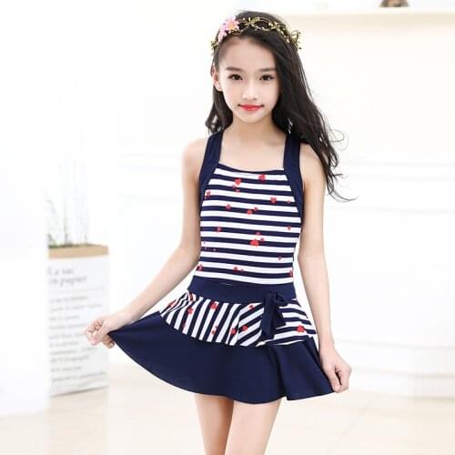 2020 New Korean Girl Swimsuit One- Piece Skirt Hot Spring Striped Medium And Large Children 's Swimwear Купальник