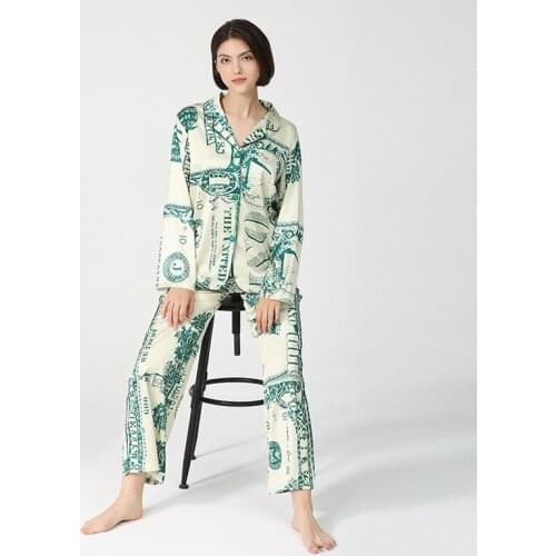 2021 New Silk-like Dollar Print Pajamas Women Long Sleeves Trouser Suits Polyester Thin Two Piece Set Spring / Autumn Sleepwear