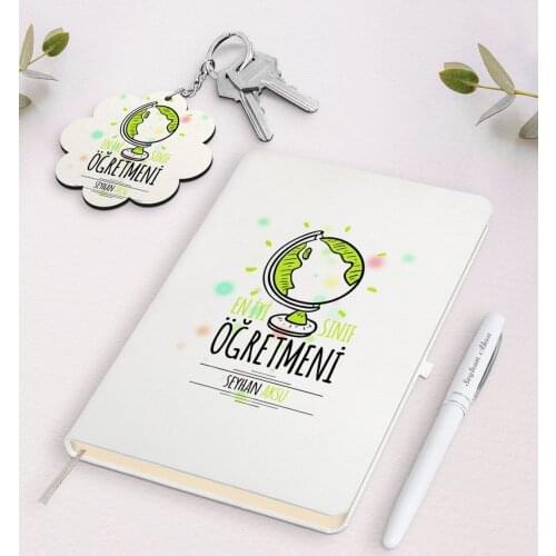 Personalized Best Grade Teacher White Notebook Pen And Keychain Gift Seti-3