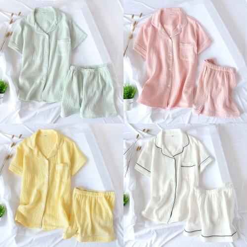 Japanese-style New Summer Ladies Cotton Double-layer Crepe Gauze Short-sleeved Shorts Pajamas Suit Large Size Home Service Women