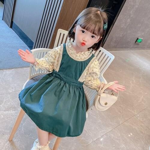 Girls Dress 2021 Spring New childrens clothing Baby Girl Floral Dress Suspender Long Slevee+ Skirt Suit Baby Girl Clothes
