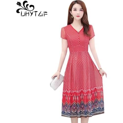UHYTGF 5XL Plus size dress women 2020 new dot elegant Female dress red green chiffon summer dress V-neck pullover long dress 842