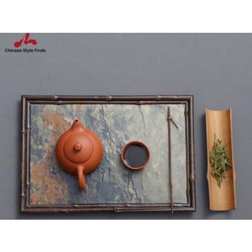 Rectangular Stone and Bamboo Tea-Tray Separable Natural Rock Plate Kung Fu Tea Set Room Home Decoration Table Office Decor