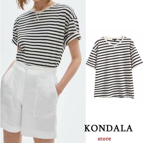 KONDALA Women Summer Oversized Stripe Tshirt O-Neck Cream Color 100%Cotton Short Sleeve Shirt Mujer Tops Casual Blouses