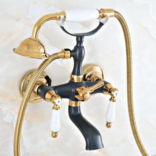 Black Oil Rubbed & Gold Brass 2 Handle Wall Mount Bathroom Bath Tub Faucet Set with 1.5M Hand Held Shower Spray Mixer Tap 2na421