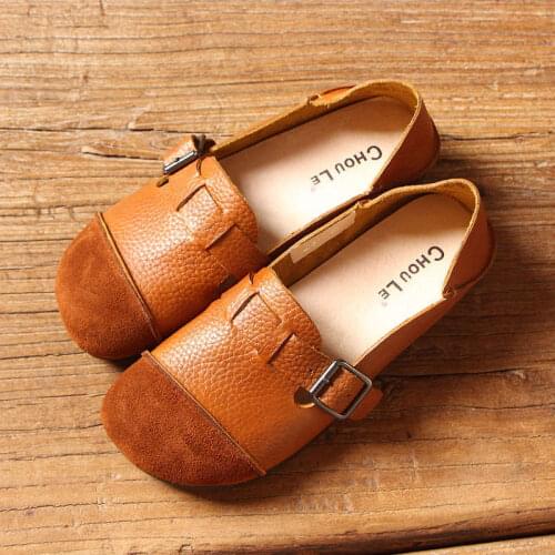 Women Genuine Leather Flat Platform Shoes Ladies Slip On Crystal Flat Shoes Buckle Strap Round Toe Casual soft Retro women shoes