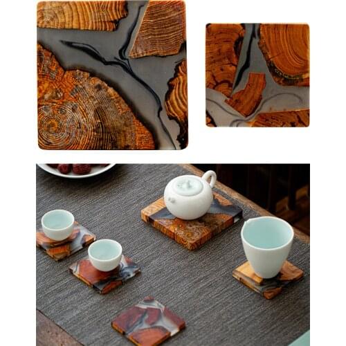 Creative Resin Wood Coasters Tea Cup Square Pad Tableware Decor