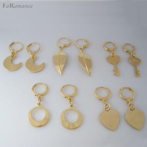 DANGLE EARRING FIVE STYLES CAN BE CHOSEN JESUS CROSS MOON HEART CIRCLE KEY LEAF CHARMS YELLOW GOLD GP