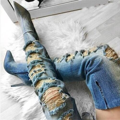 New Frazzled Hole Floral Lace Patchwork Denim Thigh Boots Women Washable Cowboy Over the Knee High Heels Spring Side Zip Boots