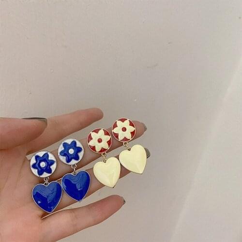 ALLNEWME Vintage 2 Styles White Blue Color Enamel Love Heart Pendant Earrings for Women Ladies Flower Alloy Earrings Accessories