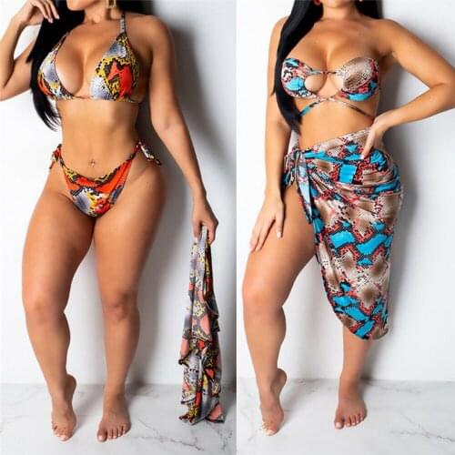 2019 Sexy Women Bikinis Sets 3Pcs Printed Swimwear Push-up Padded Bra+Briefs+Cover-ups Ladies Bathing Suits Women Swimsuits
