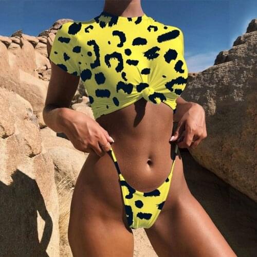 Sexy leopard print bathing suit women summer yellow short sleeve swimwear push up matching 2 piece bikini set 2020 swim suits