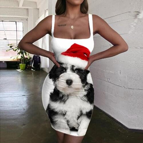 KYKU Christmas Dresses Women Animal Vestido Sexy Dog Bodycon Dress Lovely 3d Print White Halter Sleeveless Womens Clothing