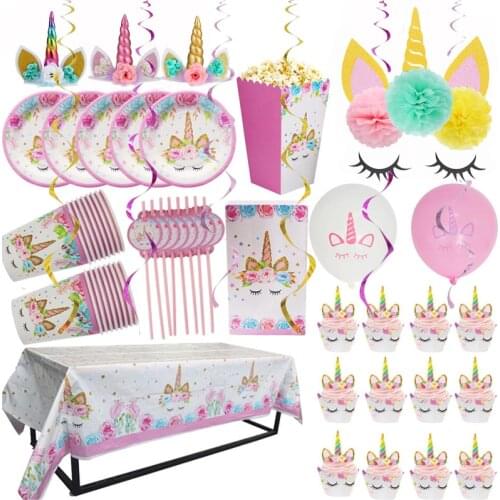 1set Unicorn Party Supplies Pink Rainbow Unicorn Banner Plate Balloon Napkin Cupcake Wrapper Baby Shower Kids Birthday Decor