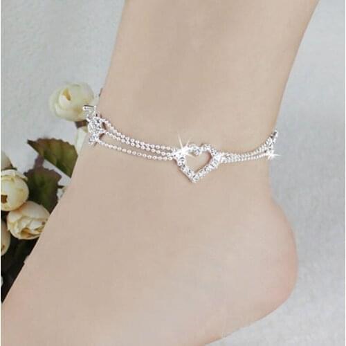 12pcs Rhinestone Barefoot Sandals Beach Heart Anklet Foot Bracelet For Women Wedding Party 3 Layers Beaded Chain Foot Jewelry