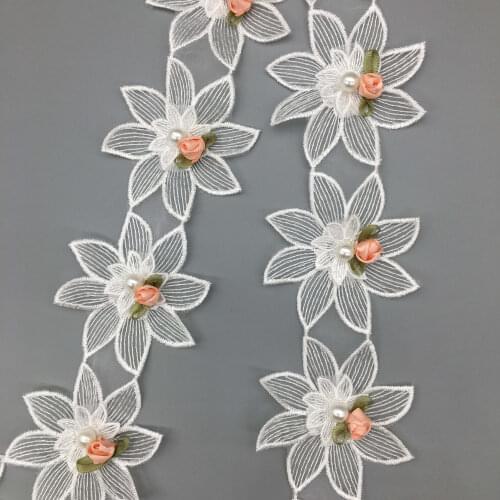 2 yards 3D Flower Pearl Beaded Lace Trim Fabric Lace Ribbon Embroidered Applique Sewing Craft Wedding Dress Clothes 6.5cm