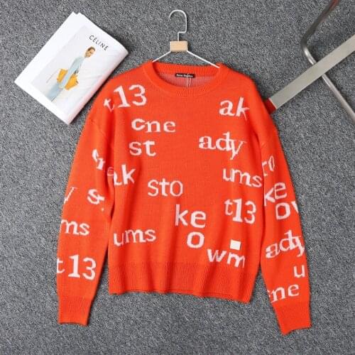 2021 Ac Studios Wool sweater Vintage orange letter jacquard woollen sweater silhouette thread closure top