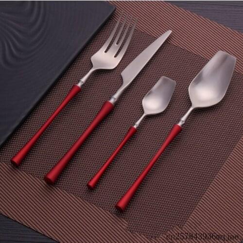 4 Sets Dinner Forks Spoons Knives Set Western Cutlery Kitchen Red Silver Stainless Steel Tableware