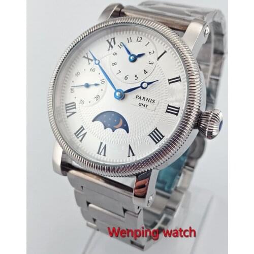 42mm PARNIS white dial Moon Phase GMT hand winding movement watch STEEL STRAP W54