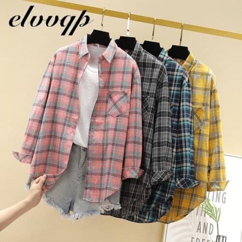Spring New Plaid Shirts Womens Blouses And Tops Long Sleeve Female Casual Print Shirts Loose Cotton Checked Lady Outwear LU1893