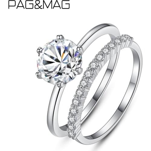 PAG&MAG 2Pcs/set Cubic Zirconia Silver Ring 925 Sterling Silver Ring For Women Engagement Ring Set Jewelry anillos plata SR0361